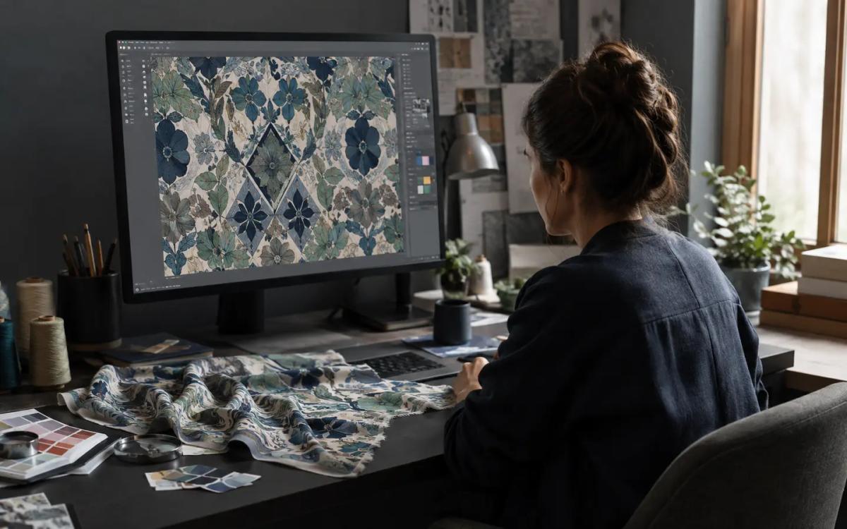 Sapphire AI Studio ile dijital desen geliştirme ve fiziksel tekstil numunesi ilişkisini temsil eden görsel
